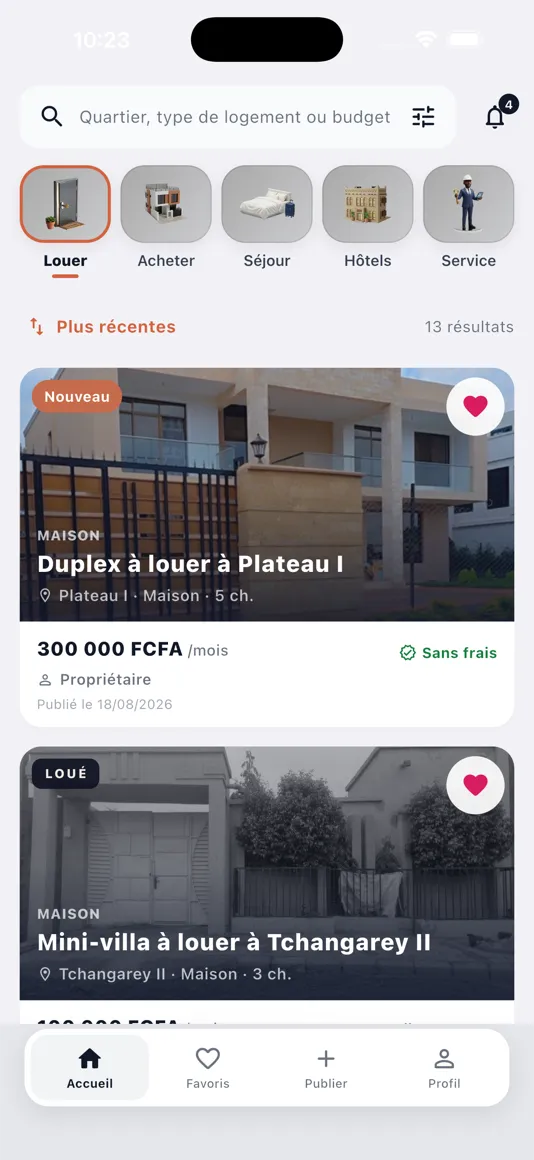 Accueil de l’application Haya avec les annonces récentes