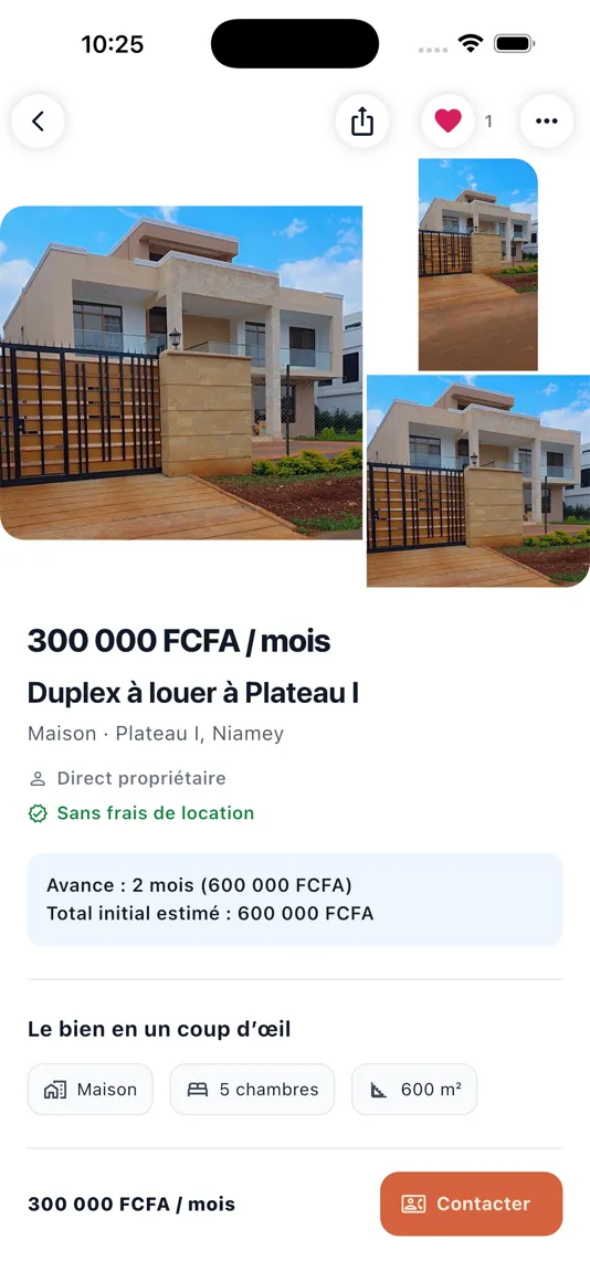 Fiche d’un duplex à louer à Plateau I, avec le prix, l’avance et les frais