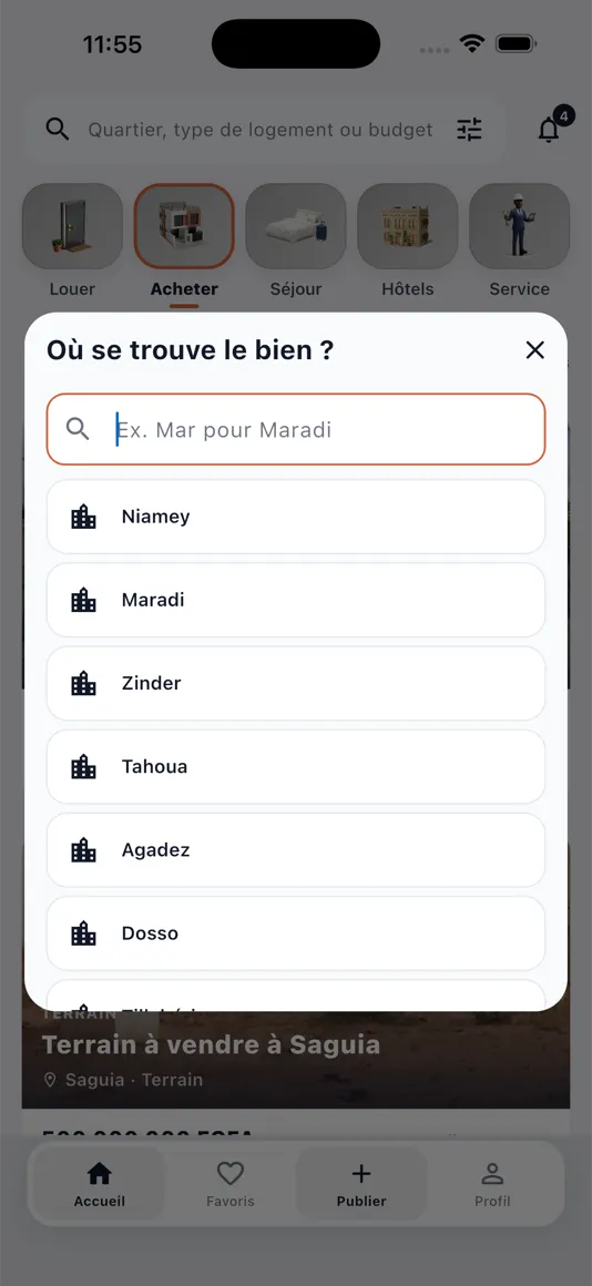 Choix de la ville dans l’application Haya